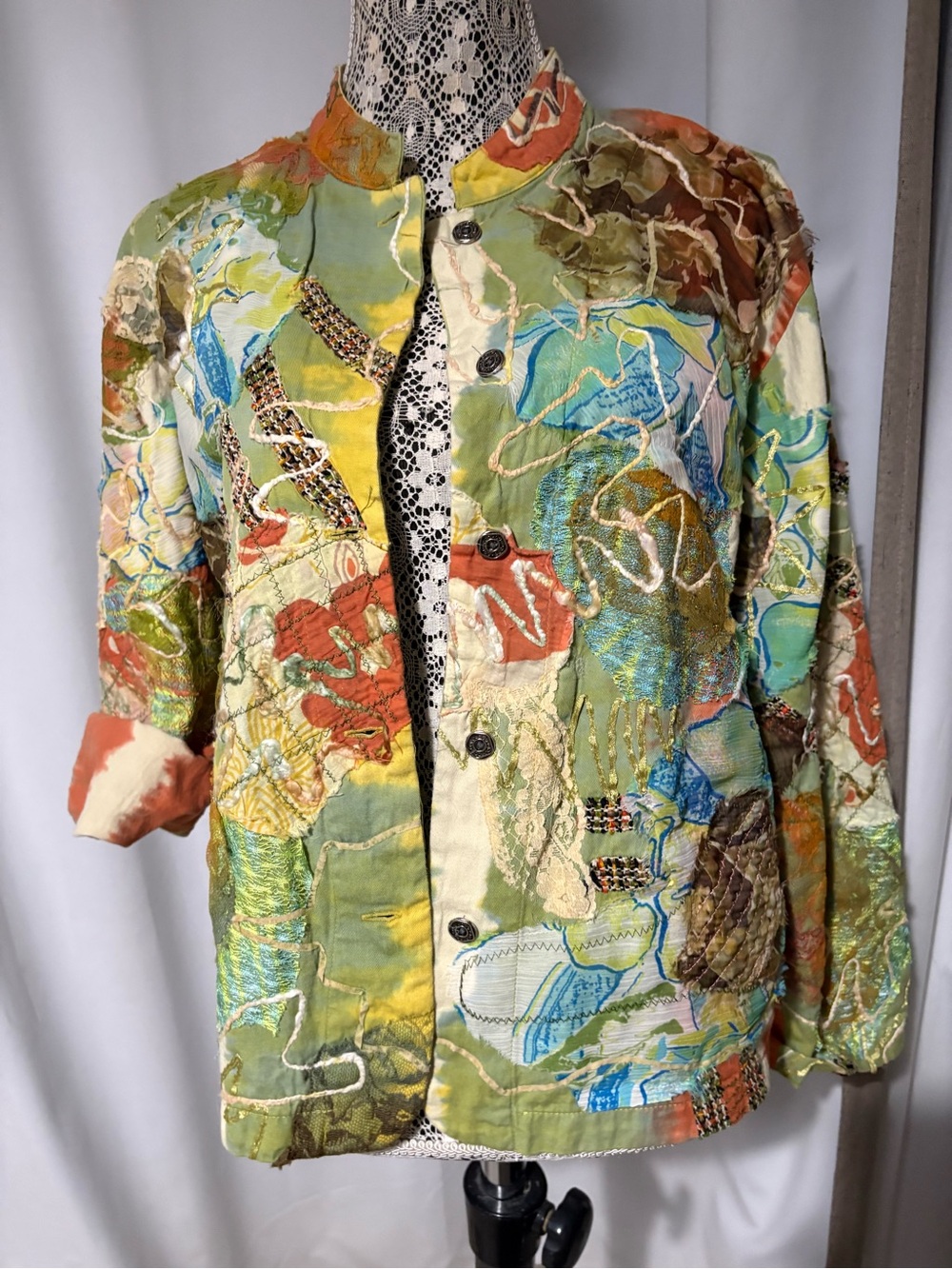 Vtg 90s Fairy Grunge Colorful Mandarin Collar Boho Hippie Jacket Chico’s Size: 3